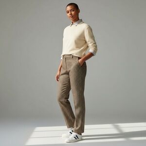 Zara Woman Brown Houndstooth Plaid Wool-Blend Trousers Tailored Straight Leg